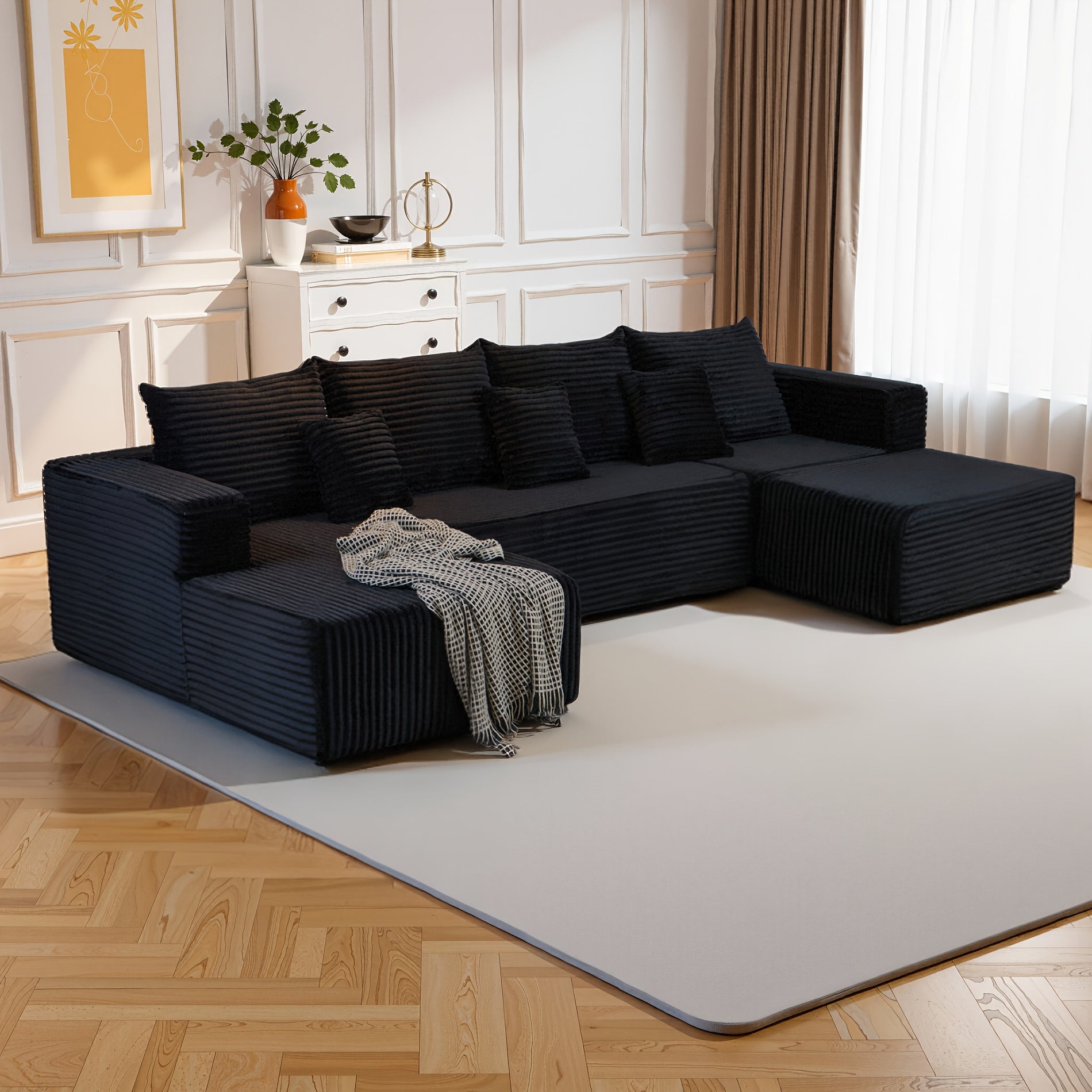 Modular L-shaped chaise longue sofa bed with deep seat and corduroy upholstery