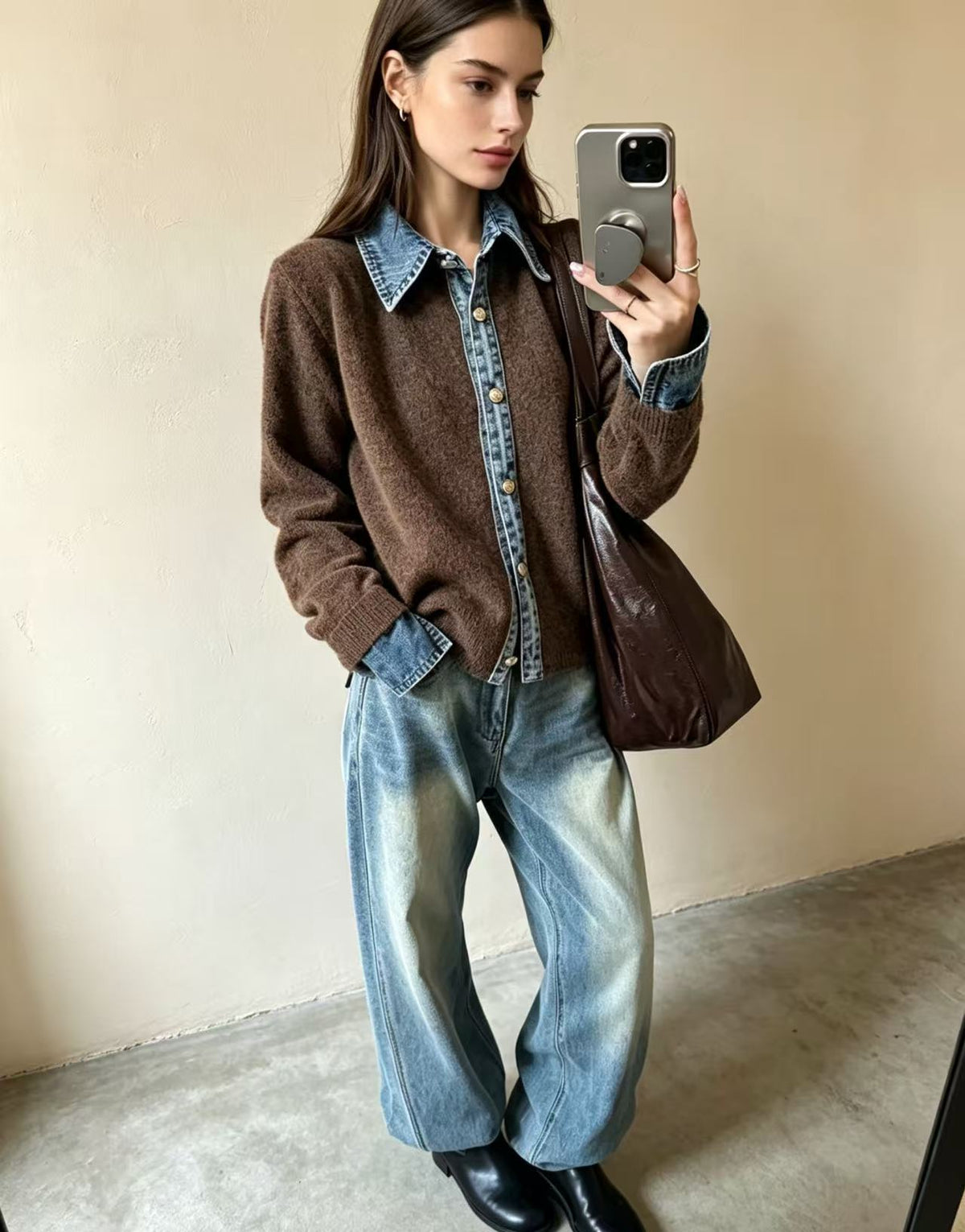 Fake Two-piece Sweater Womens Cardigan Laid-back Style Knit Jacket