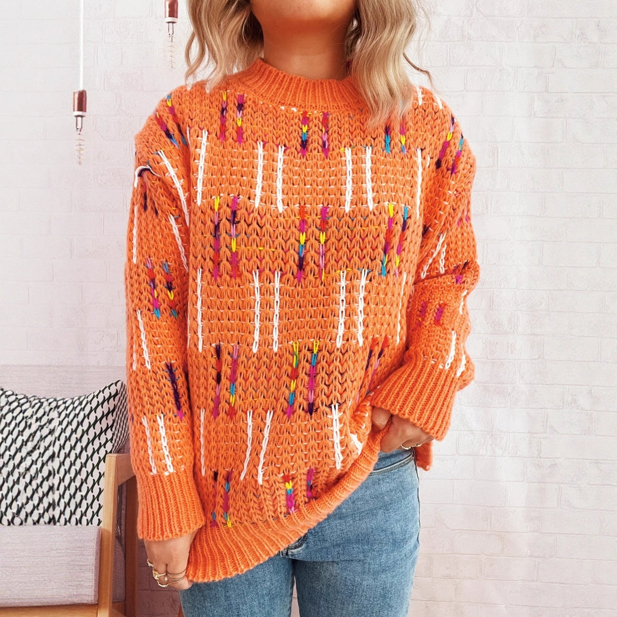 Contrast Color Cute Style Knitted Pullover Sweater for Women
