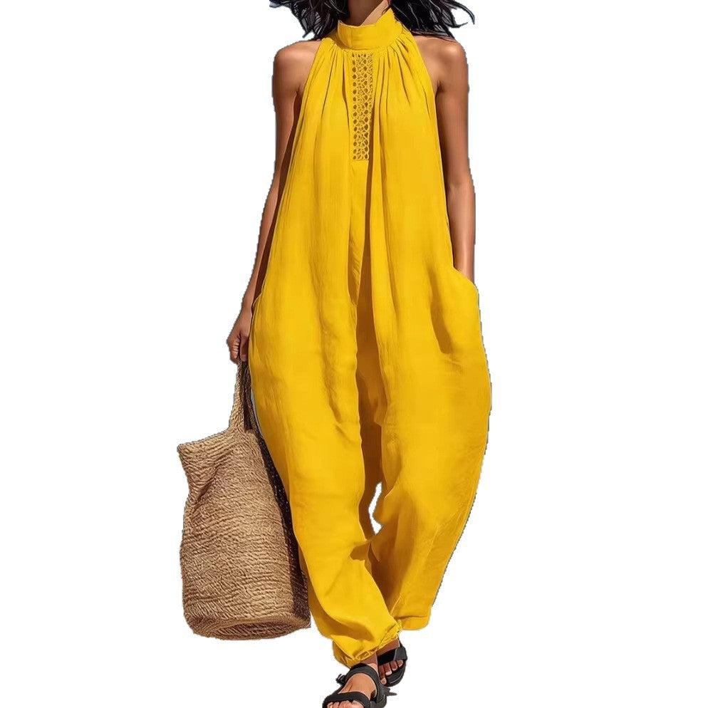 Women's Casual Sleeveless Stand-Collar Loose Jumpsuit