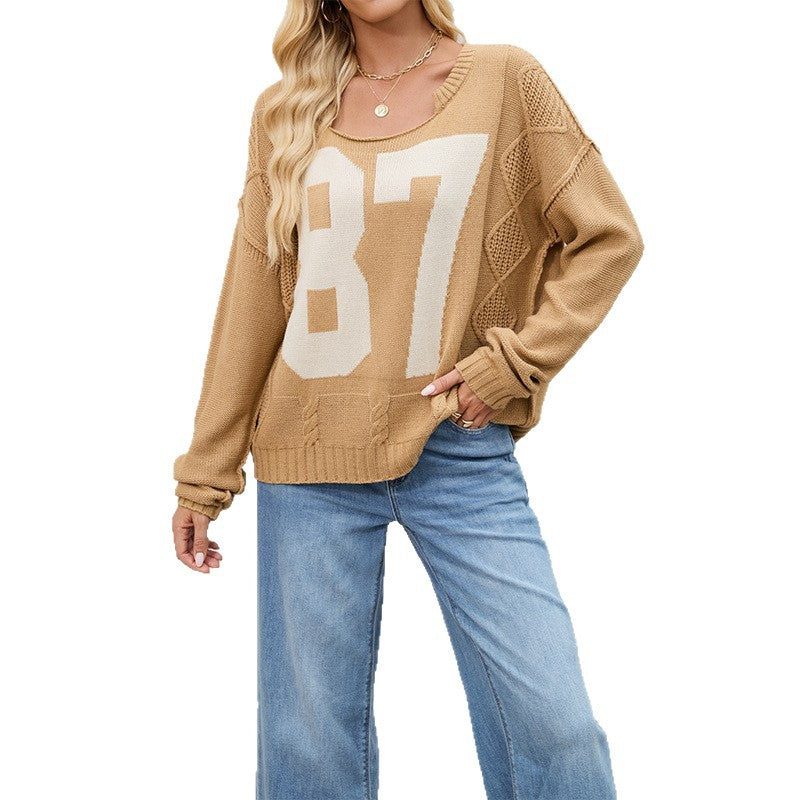 Women's Digital Contrast Color Knitted Pullover Loose-fitting Long Sleeves Sweater