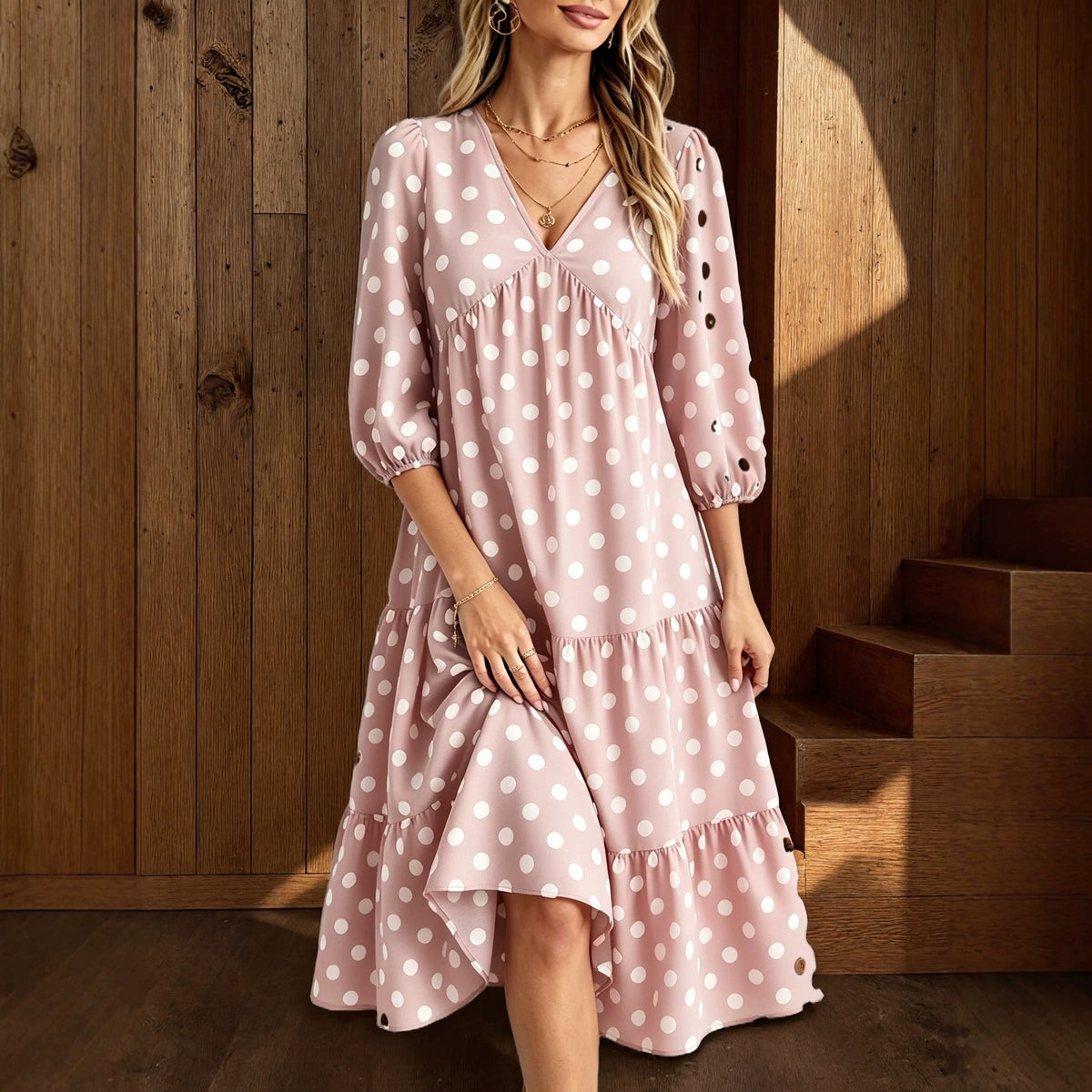 Casual V-neck Polka-dot Relaxed-fit Three-quarter-sleeve Dress