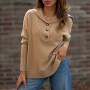Womens Solid-color Sweater with Buttoned Lapel and Loose-fitting Long Sleeves