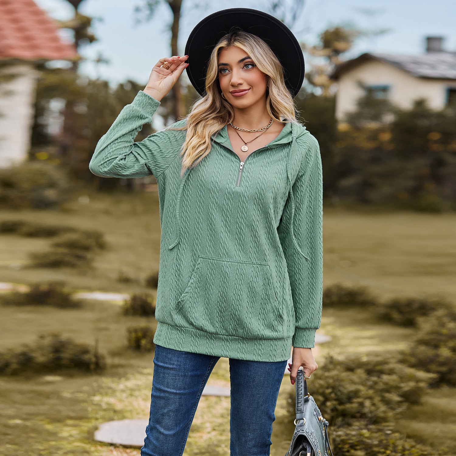 Cozy Solid Color Hooded Zip Sweatshirt for Women