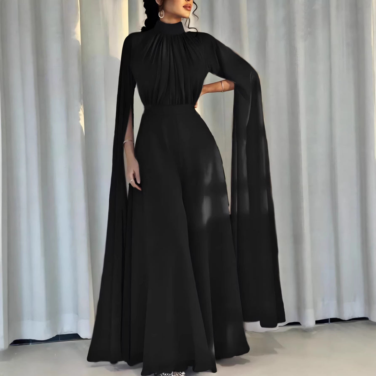 Elegant Long-Sleeve Wide-Leg Flare Jumpsuit