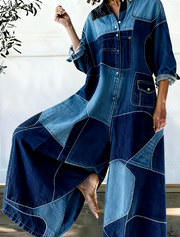 Retro Patchwork Casual Long-Sleeve Wide-Leg Jumpsuit