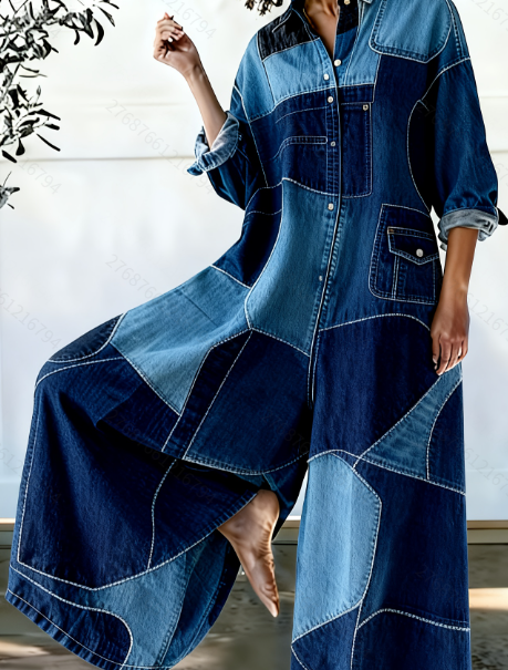 Retro Patchwork Casual Long-Sleeve Wide-Leg Jumpsuit