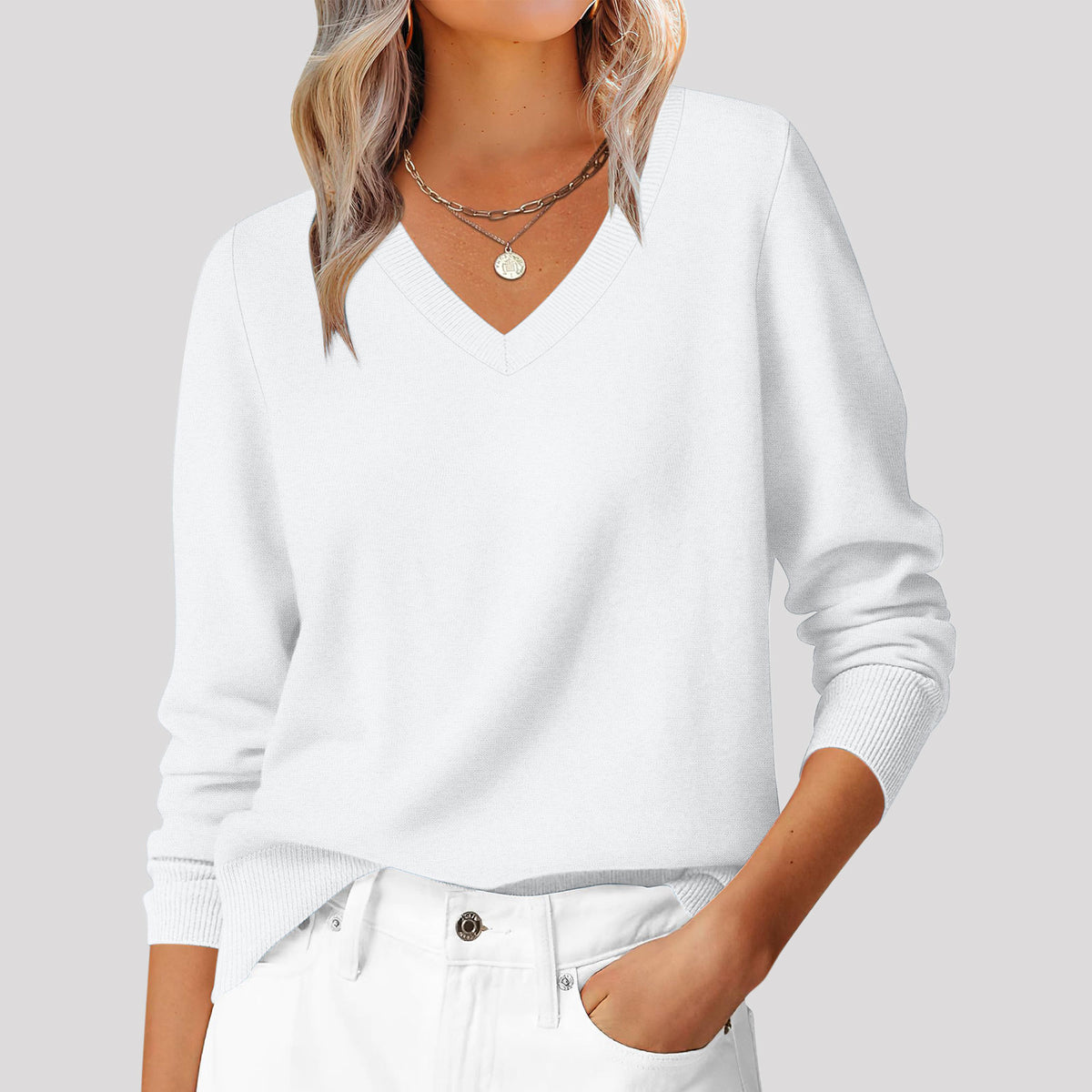 Autumn and Winter New Versatile Loose Casual Solid Color Temperament Commuting V-neck Pullover Women's Top