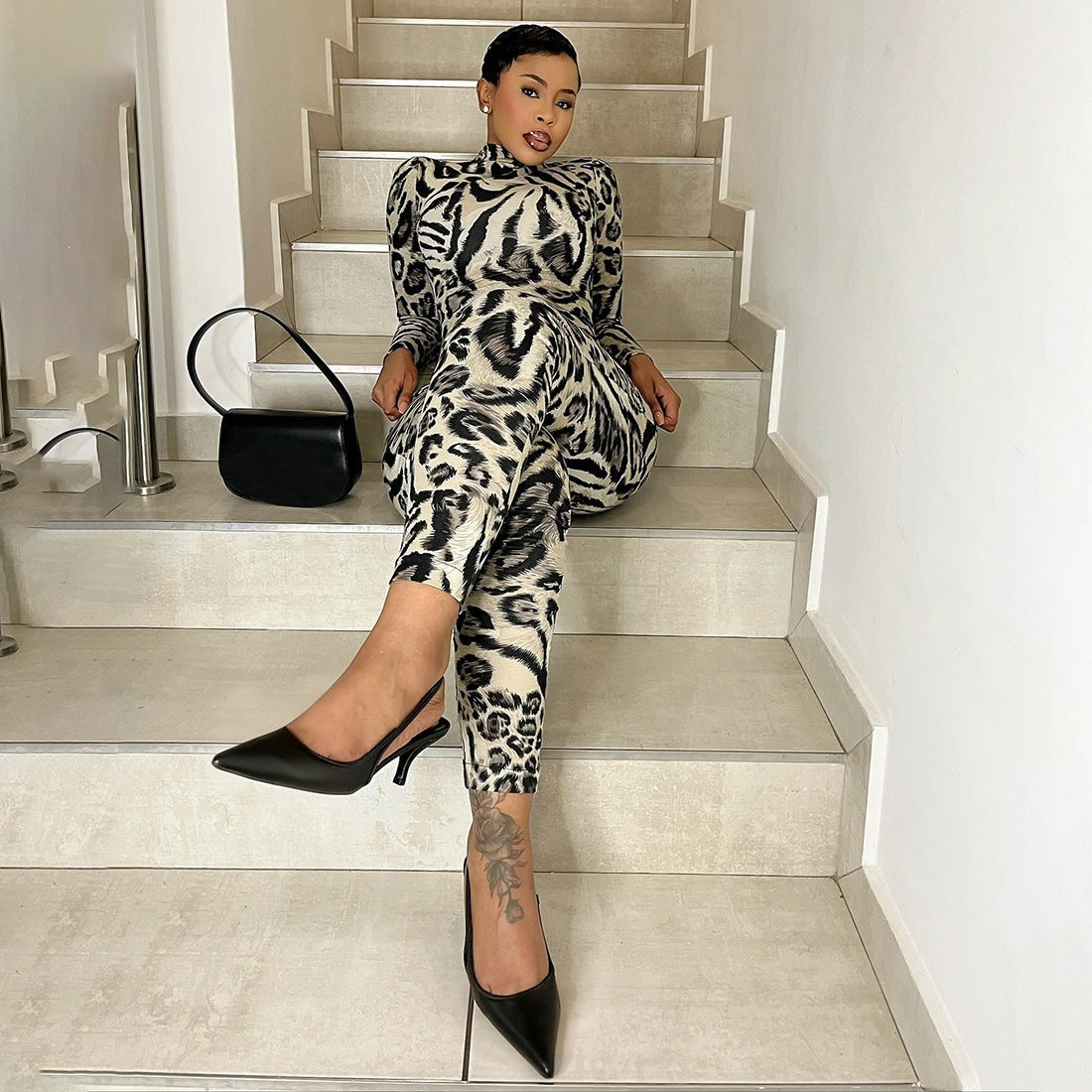 Leopard Print Slim-Fit Sports Jumpsuit