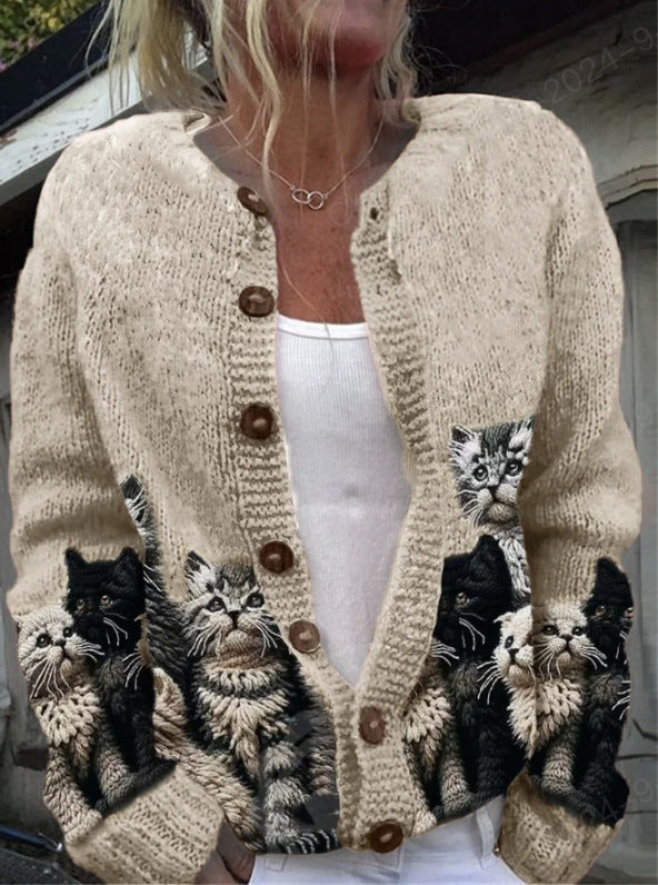 Women's 3D Digital Print Knitted Cardigan Sweater
