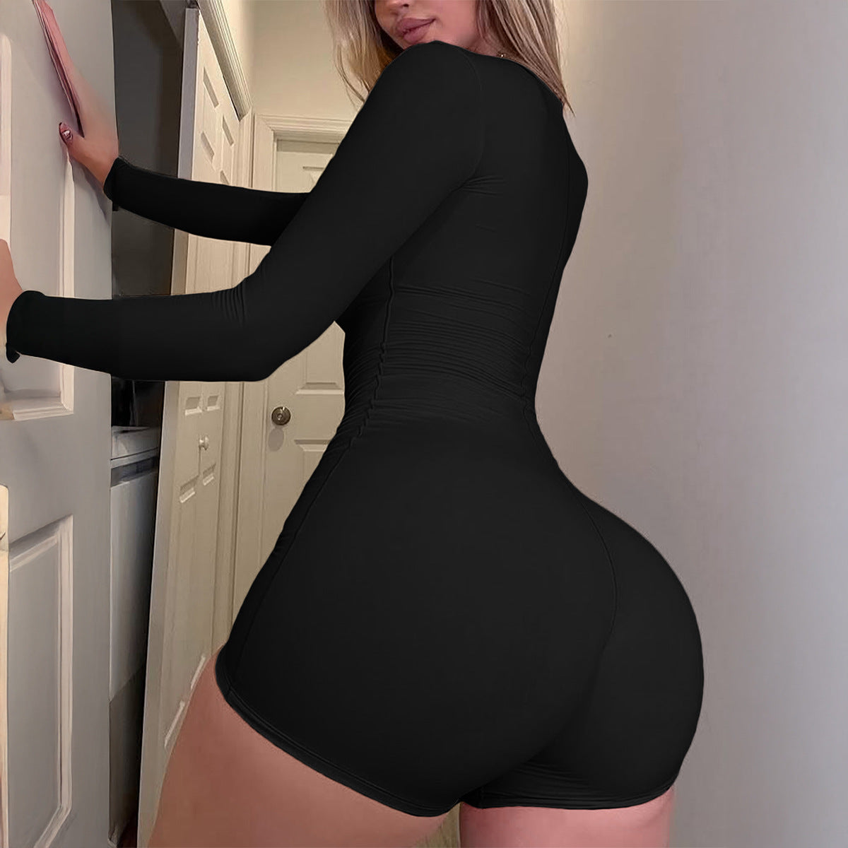 Womens Solid-Color Athletic Long-Sleeve Jumpsuit