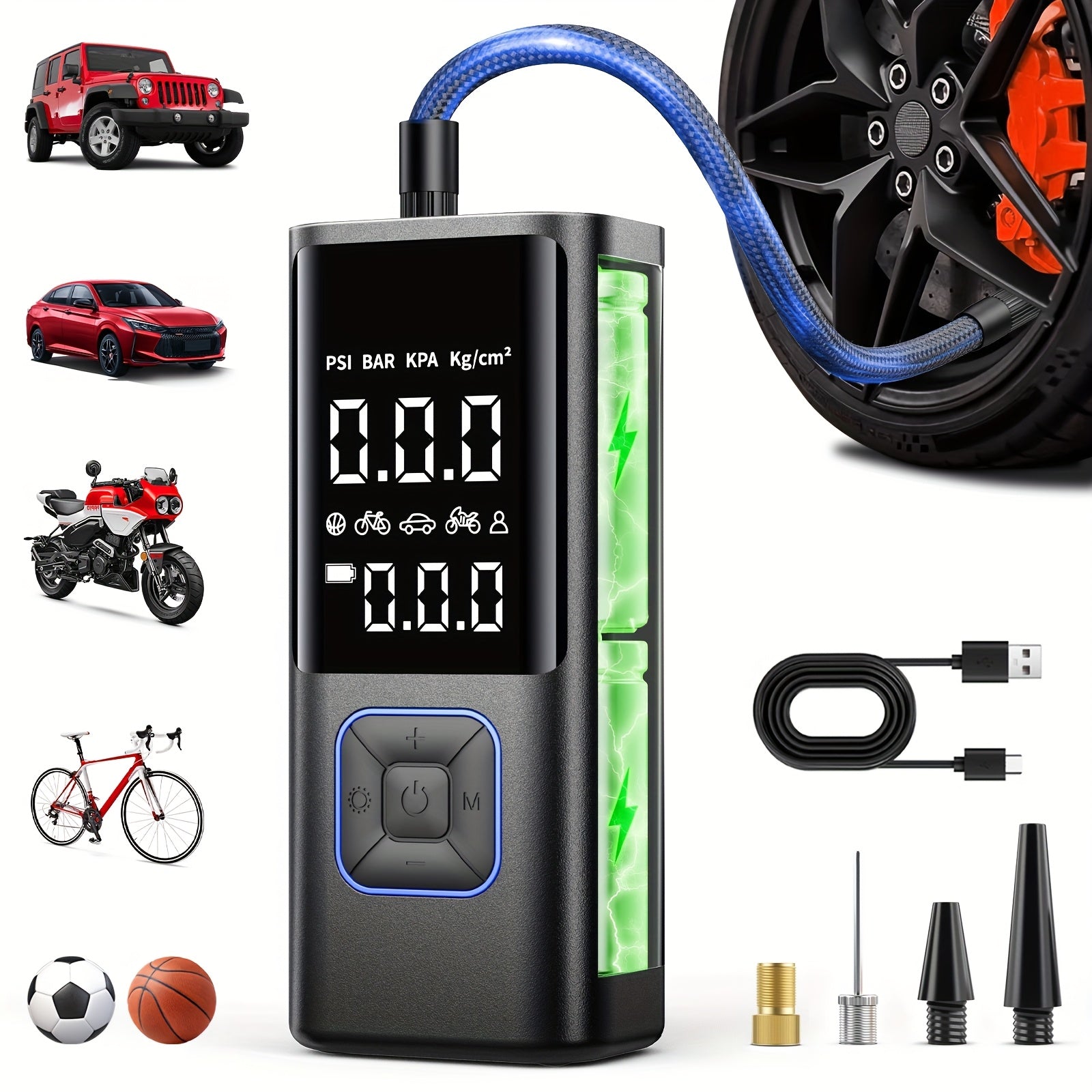 Black Friday Christmas Special! Cordless Tire Inflator Portable Tire Inflator - Cordless Air Compressor with Digital Gauge & LED Light, USB Rechargeable, 2X Fast Inflation for SUV, Cars, Bikes, Motorc