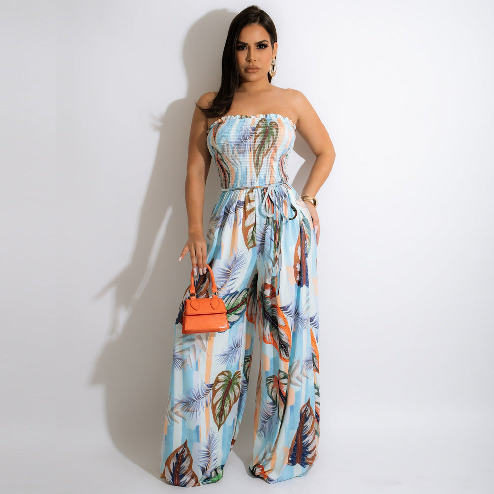 Floral Print Halter Chiffon Wide-Leg Jumpsuit