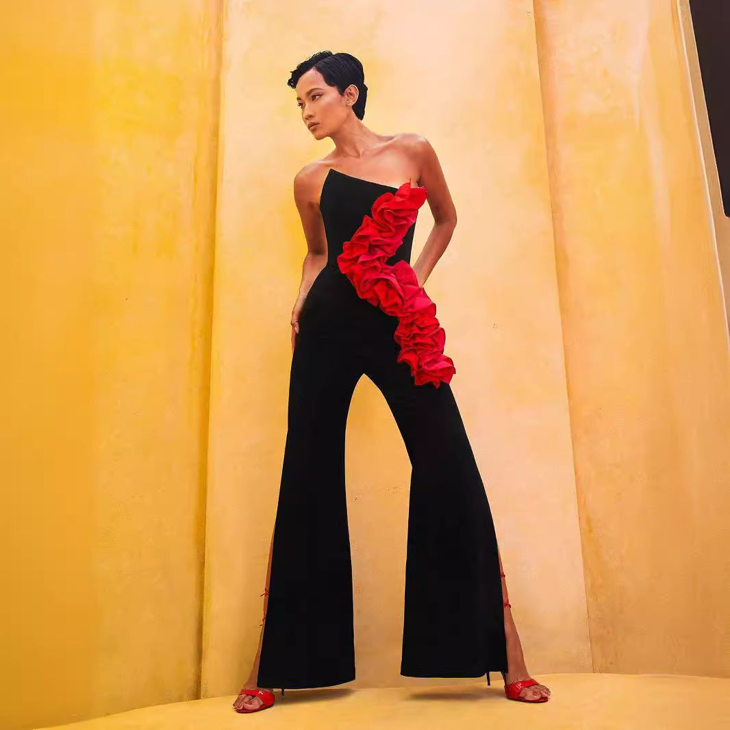 Bandage Fashion Tube Top Red Applique Wide Leg Jumpsuit