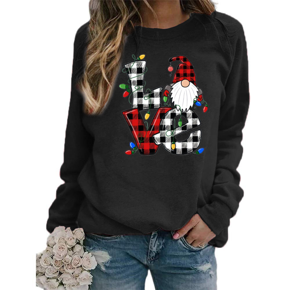 European And American Santa Claus Plaid Love Printed Round Neck Long Sleeve Sweater Coat Ladies