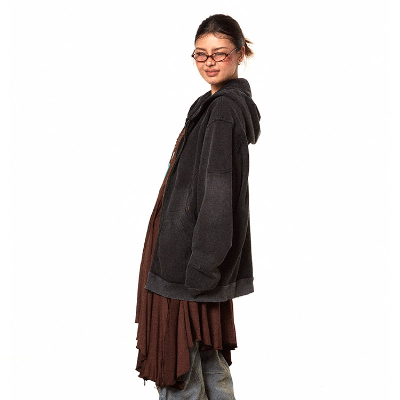 American Retro Washed Distressed Hooded Solid Color Hoodie