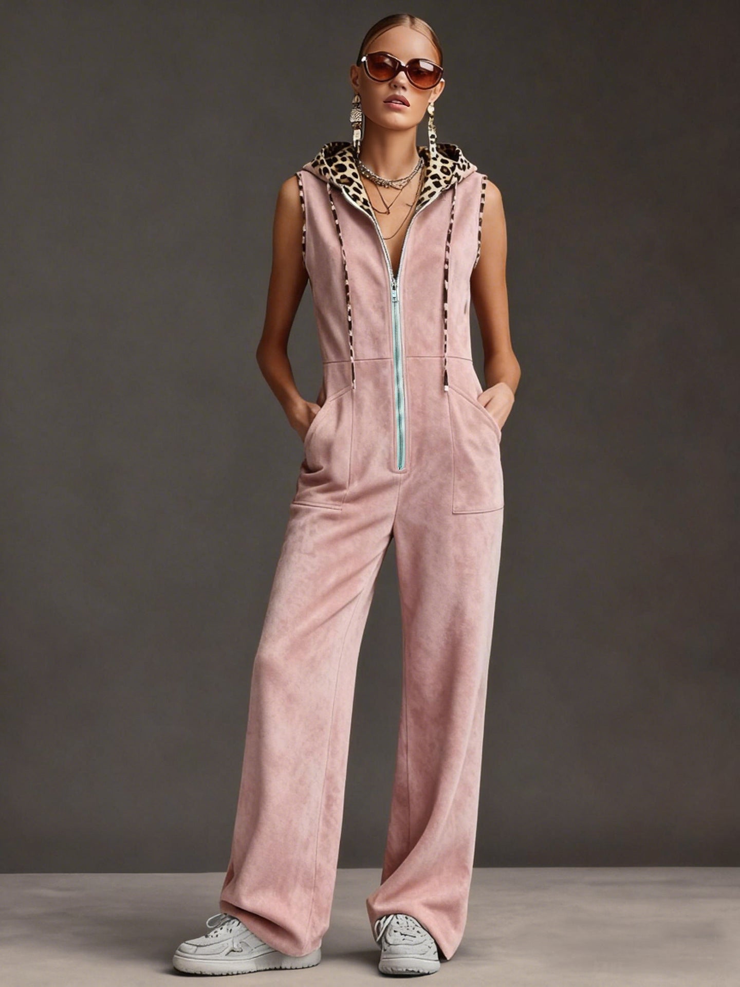 Trendy Leopard Print Hooded Women's Jumpsuit
