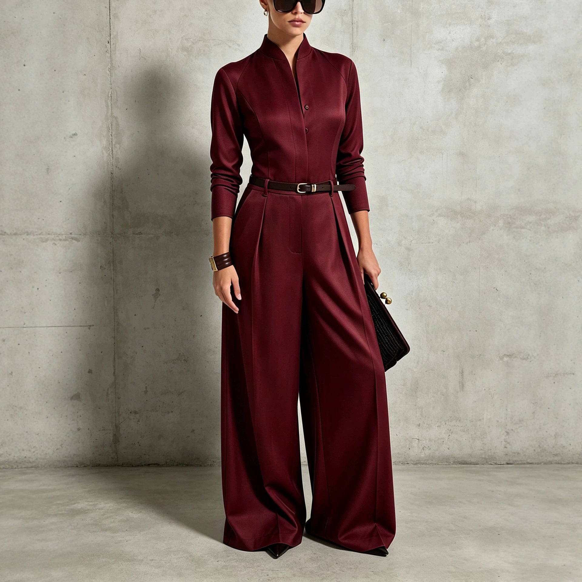 Chic Stand-Collar Long Sleeve Wide-Leg Jumpsuit