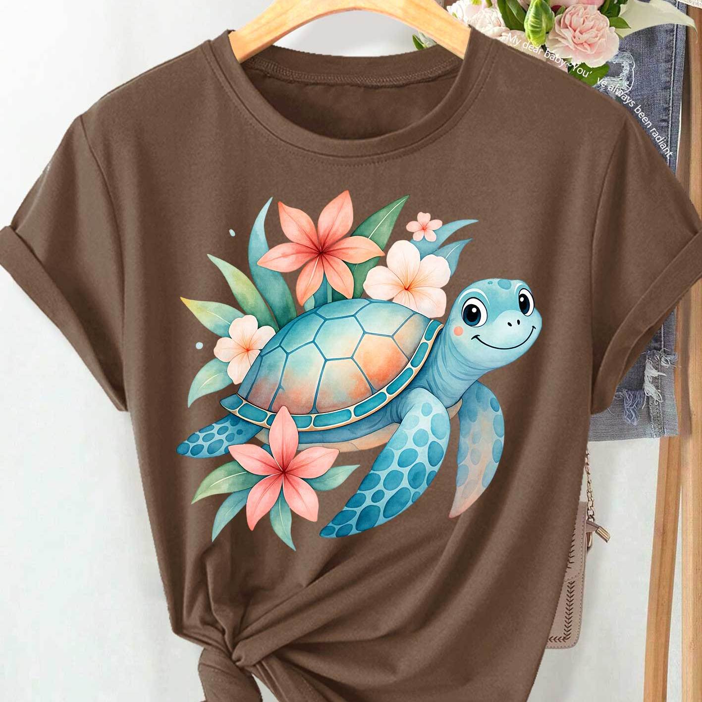 Women's Short Sleeve Round Neck Tunic with Smiling Sea Turtle and Tropical Floral Print