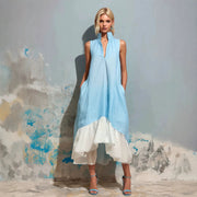 Color-block Stand-collar V-neck Asymmetrical Ruffled Dress