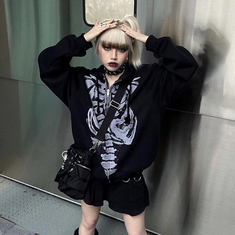 Edgy Skeleton Print Long Sleeve Cardigan Sweatshirt