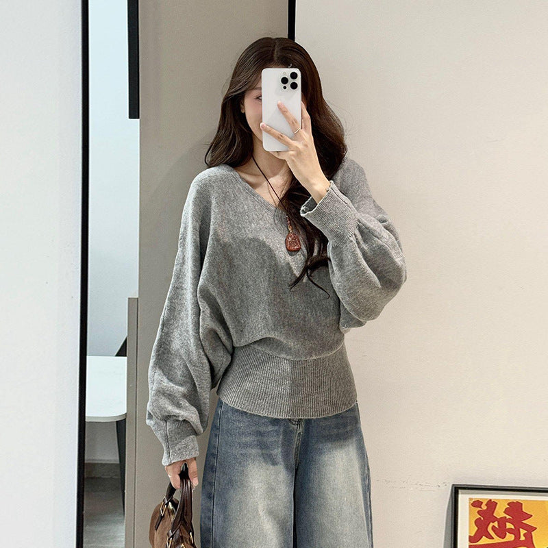 Lazy Style V-neck Batwing Sleeve Knitwear Women's Autumn and Winter