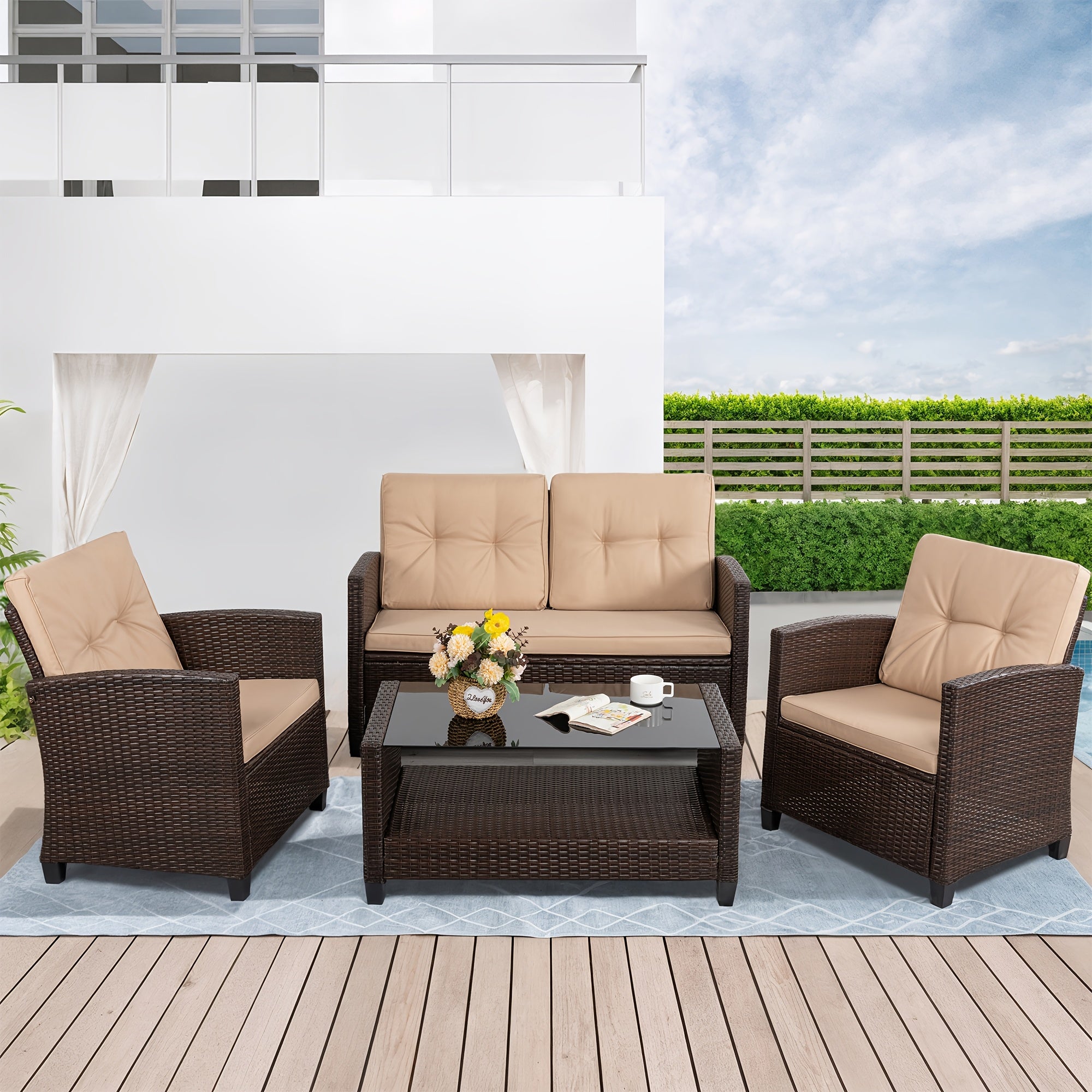 [Outdoor Rattan Set] 4pcs Outdoor Rattan Patio Furniture Set With Foam Cushions & Coffee Table - Wicker Sofa Suitable For Porch, Deck, Backyard, Small Space Conversation Set With Cushioned Seating, Rattan For Balcony Or