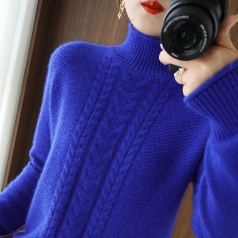 Womens Half-turtleneck Sweater with Cable Knit and Thickened Design