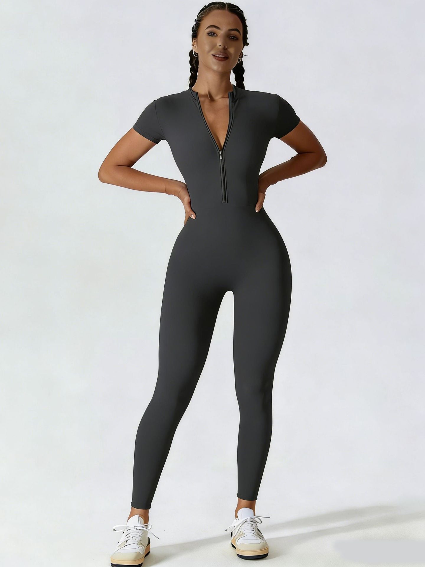 Women's Zipper Short-Sleeve Yoga Jumpsuit Fitness Romper