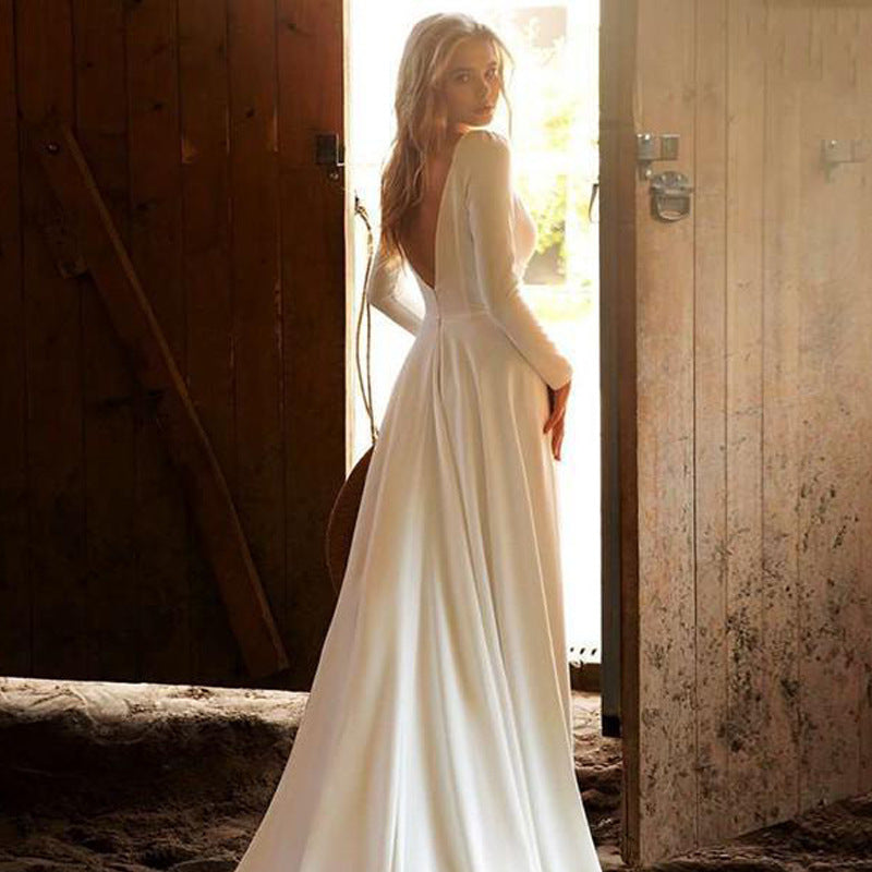 Elegant Deep-V Satin Long-Sleeve Wedding Dress