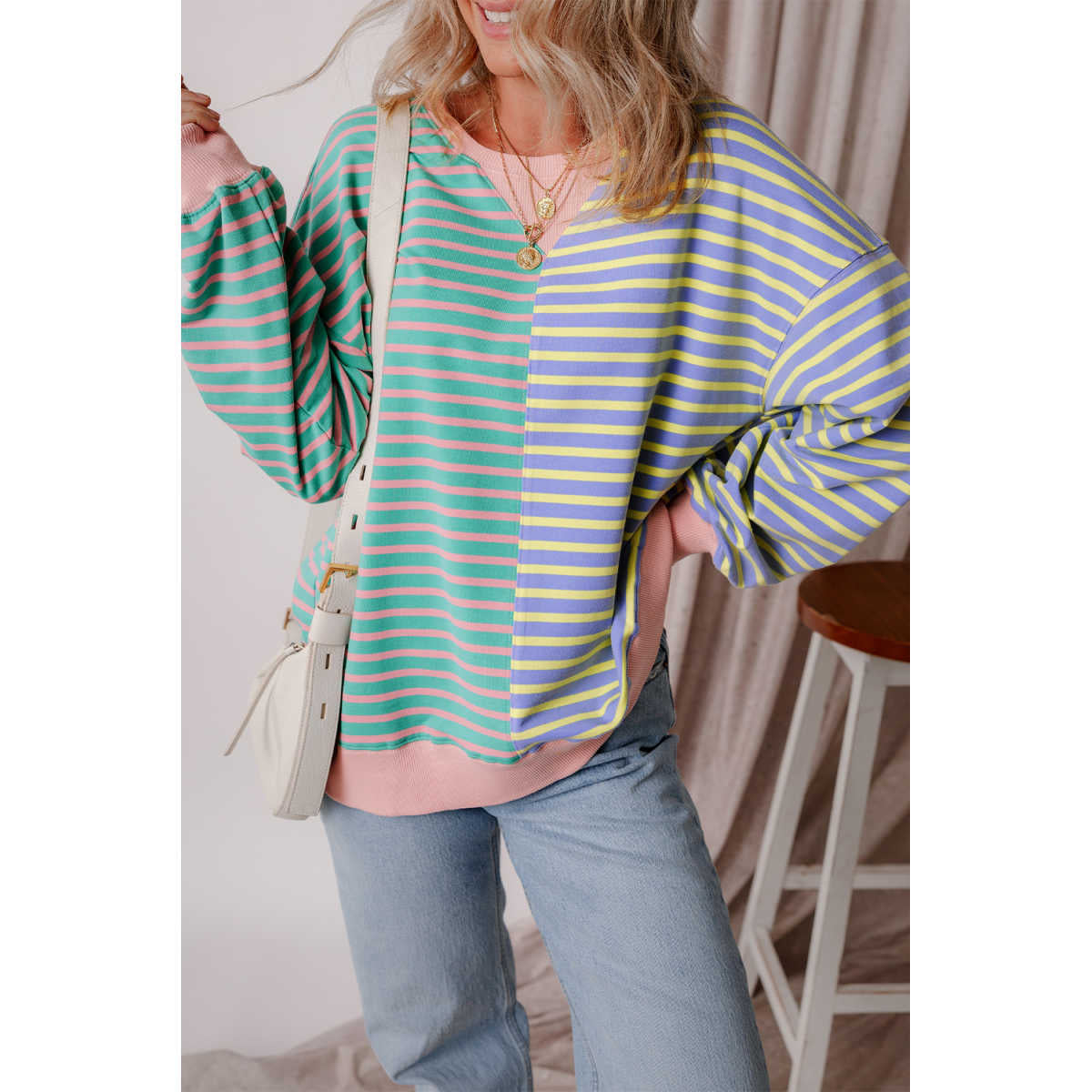 Colorful Striped Loose Pullover Sweatshirt