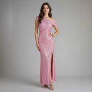 Sequined Evening Gown Chic Off-shoulder Design with a High Slit Celebrity-style Dress