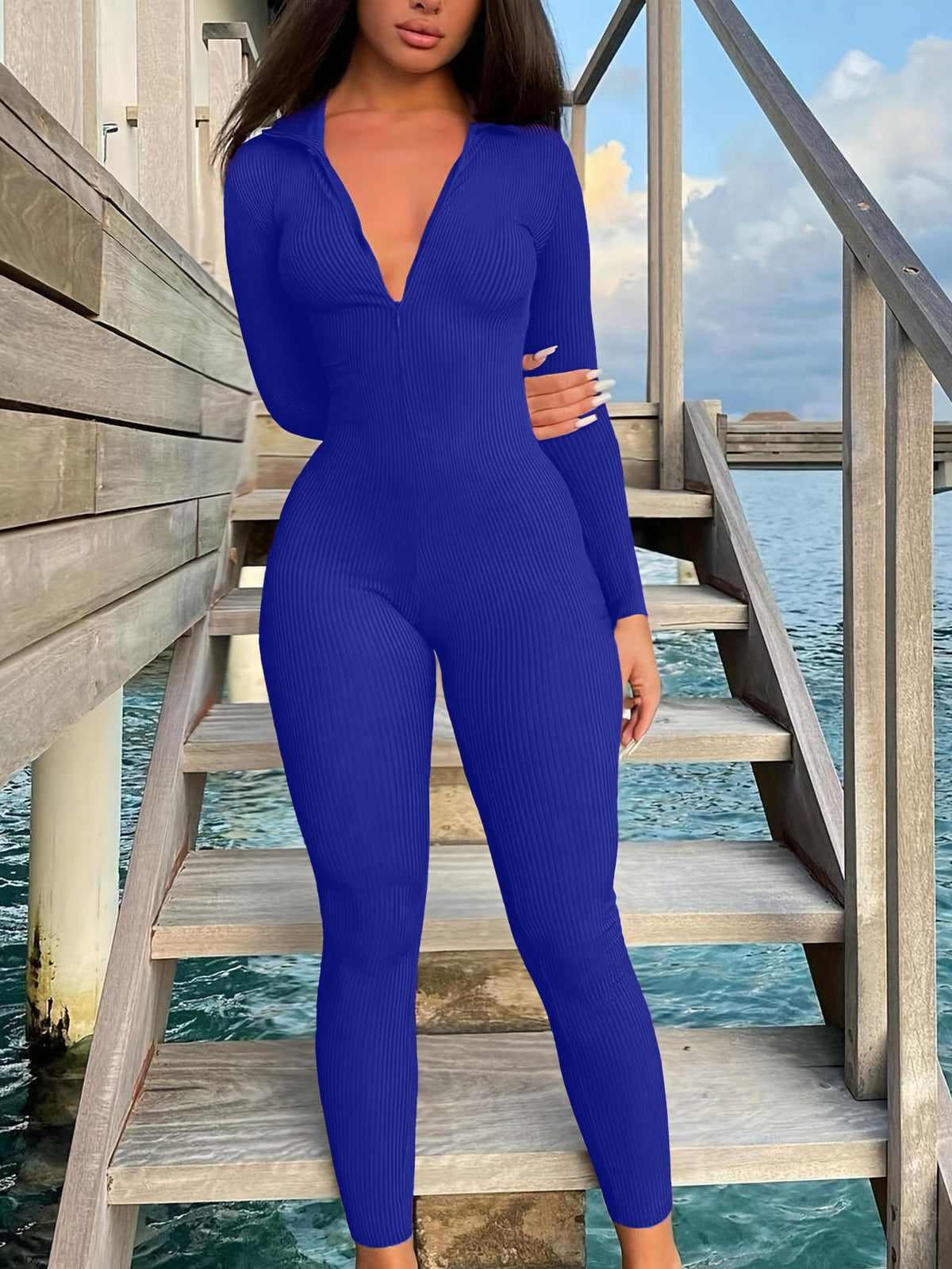 Casual Ribbed Long-Sleeve Zip-Up Jumpsuit