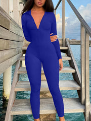 Casual Ribbed Long-Sleeve Zip-Up Jumpsuit