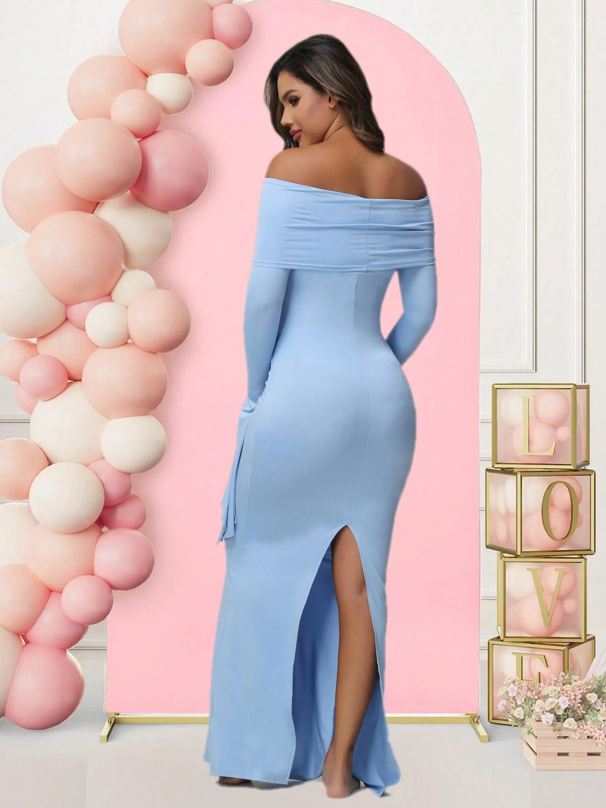 Bell-sleeved Off-shoulder Slim-fit Slit Maternity Dress
