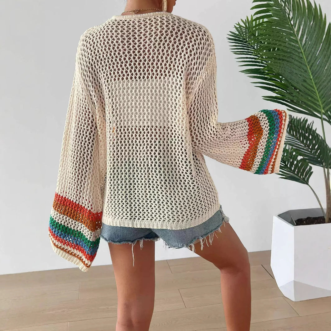Hand-crocheted Floral Sweater with Random Color Blocks