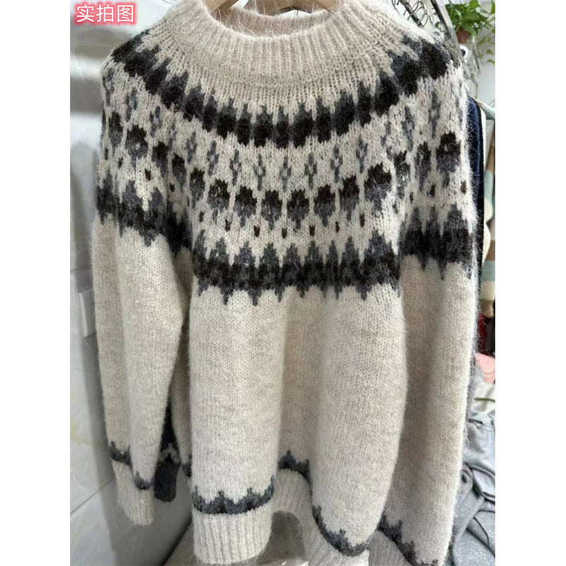 Loose-fitting Casual Sweater Womens Laid-back Style Color-block Knit Top