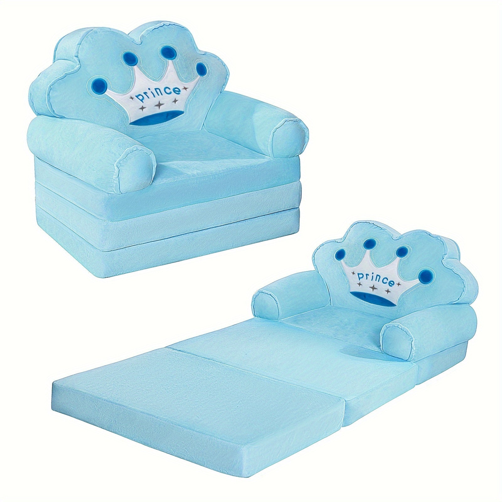 Princess Crown Pink 2‑in‑1 Kids Sofa & Lounger – Flip‑Open Couch with Machine‑Washable Plush Cover