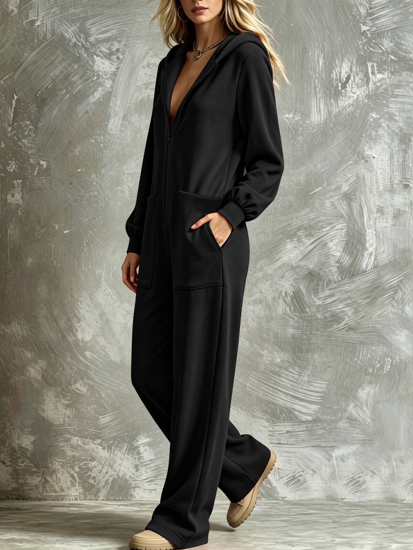 Women's Casual Hooded Full-Zip Wide-Leg Jumpsuit