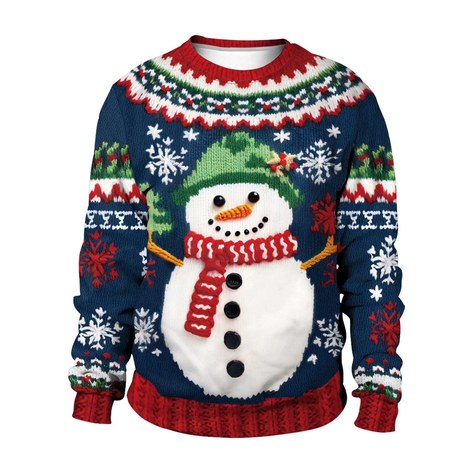 Festive Snowman Christmas Tree Print Crewneck Sweater
