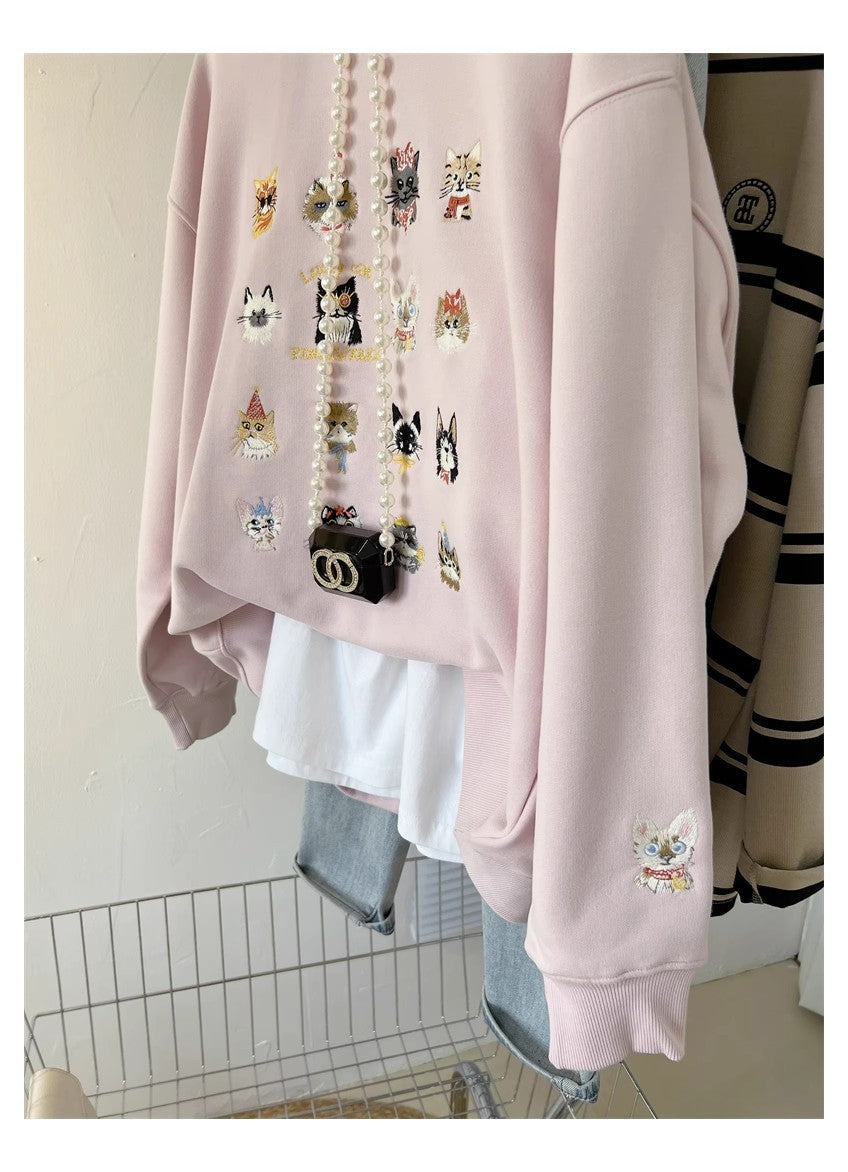 Cute Kitten Embroidered Loose Streetwear Sweater Coat
