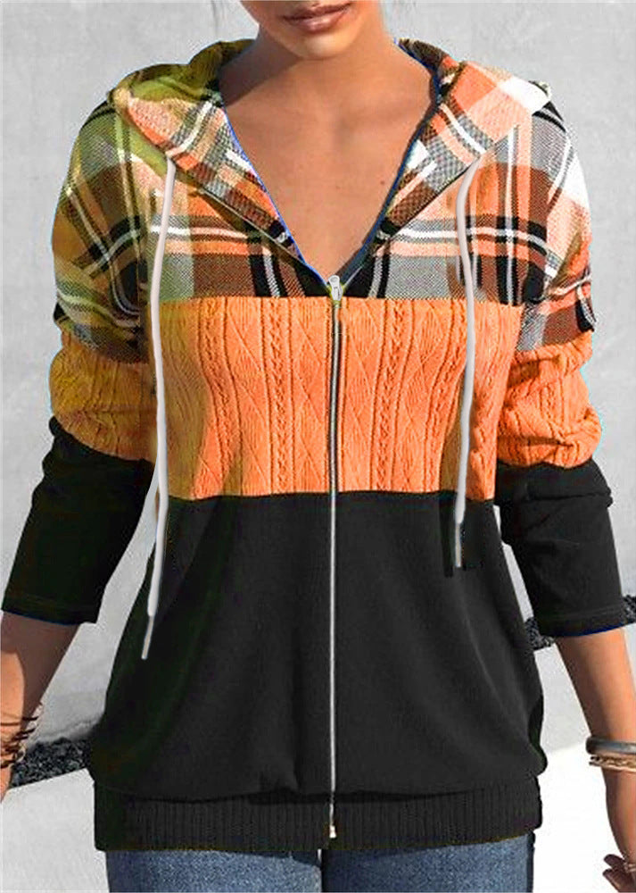 Women's Plaid Hooded Zipper Cardigan Sweater