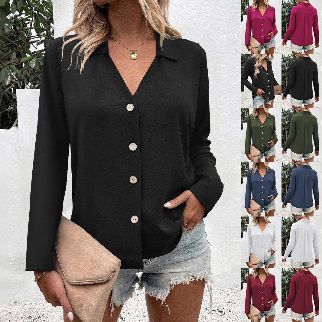 Solid-color Long-sleeve Ice-silk Elegant Button-up Shirt For Women