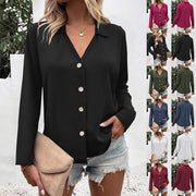 Solid-color Long-sleeve Ice-silk Elegant Button-up Shirt For Women