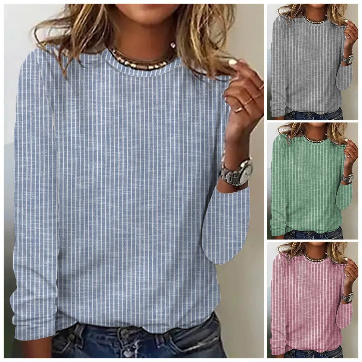 Women's Striped Round Neck Loose Casual Long-Sleeve T-Shirt