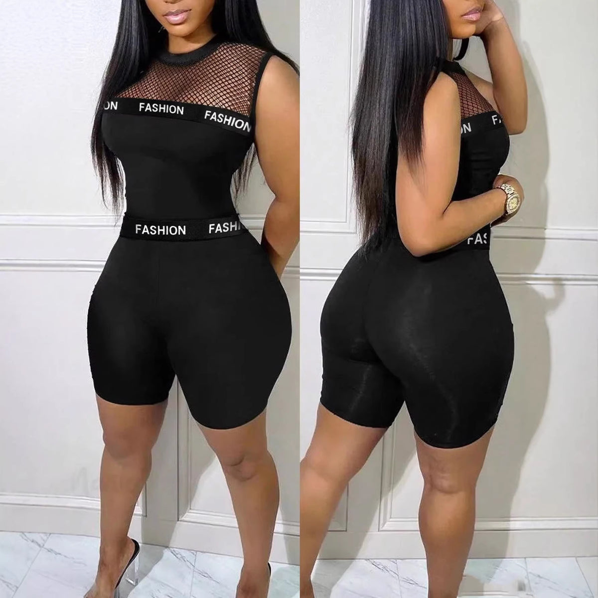 Sleek Mesh-Cutout Patchwork Sleeveless Tank Jumpsuit