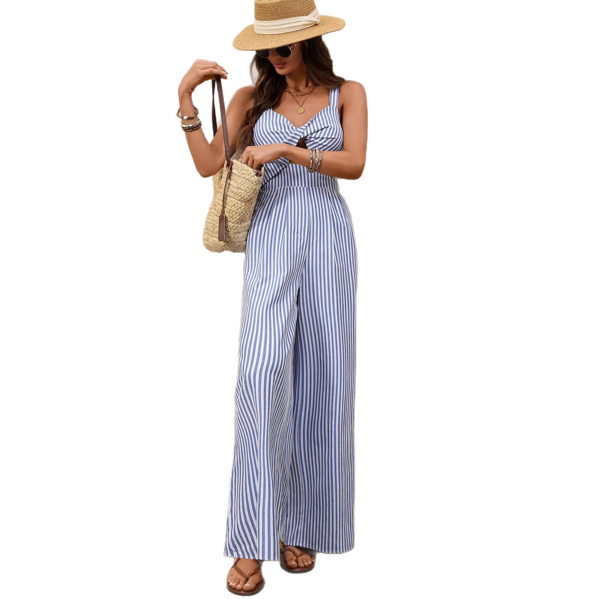 Women's Striped V-Neck Suspender Jumpsuit