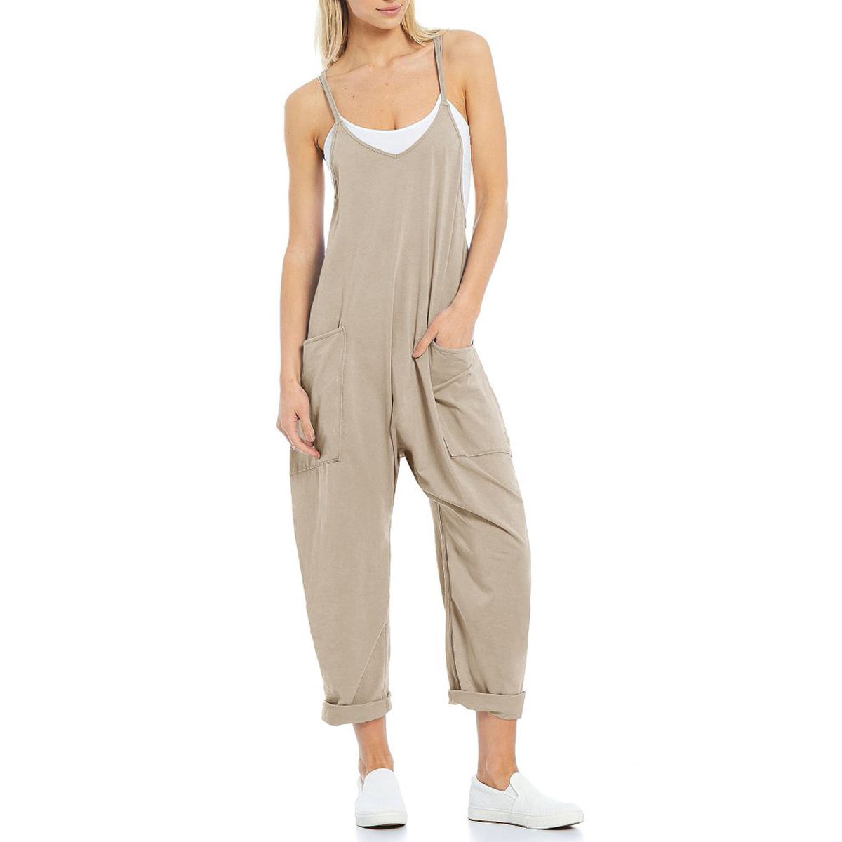 Women's Knit Spaghetti Strap Pocket Romper Jumpsuit