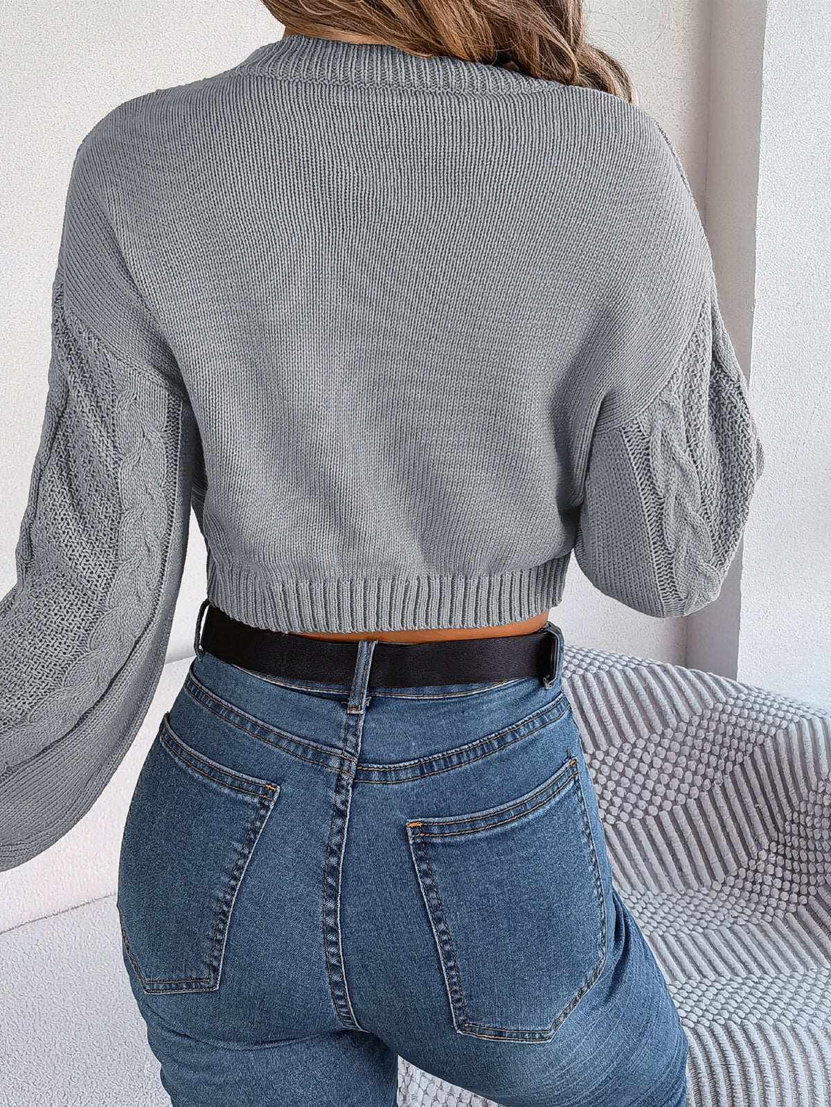 Women Casual Solid Color Cable Knit Long Sleeve Cropped Pullover