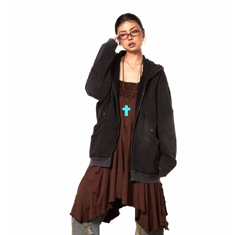 American Retro Washed Distressed Hooded Solid Color Hoodie